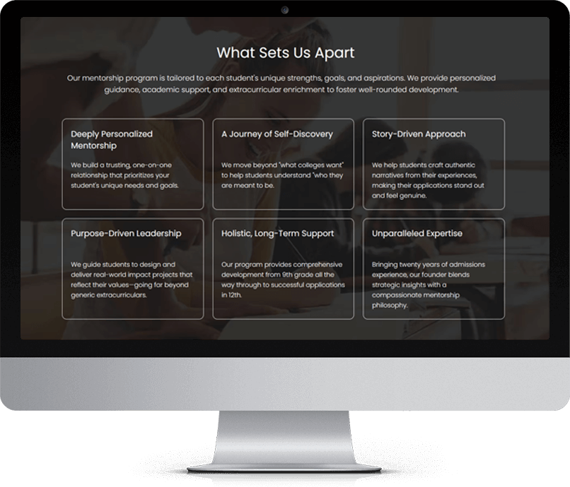 A desktop showing the "What Sets Us Apart" section of the Lumen Prep homepage (www.lumenprep.co)