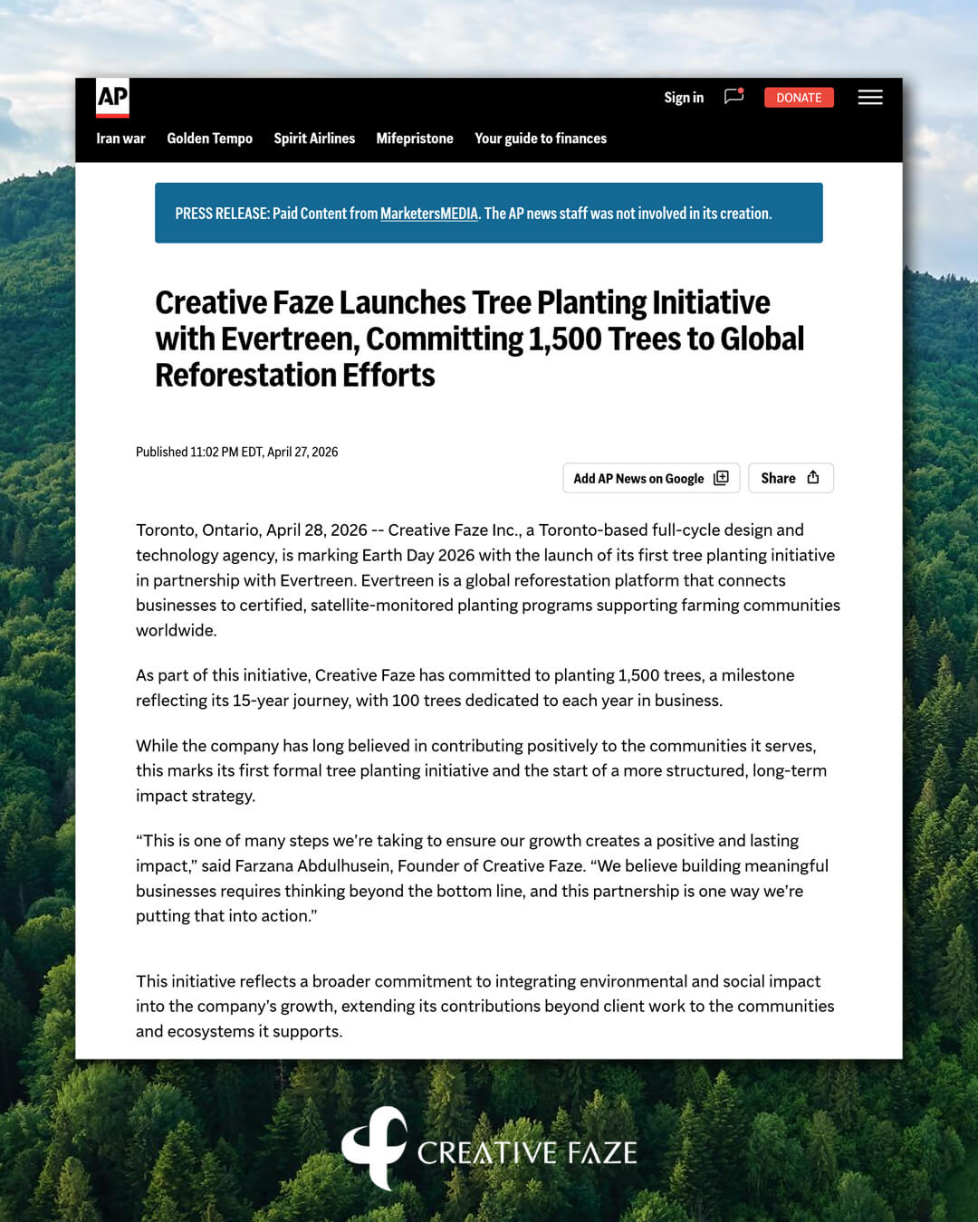 Creative Faze's 15-year milestone announcement, featured on AP News.